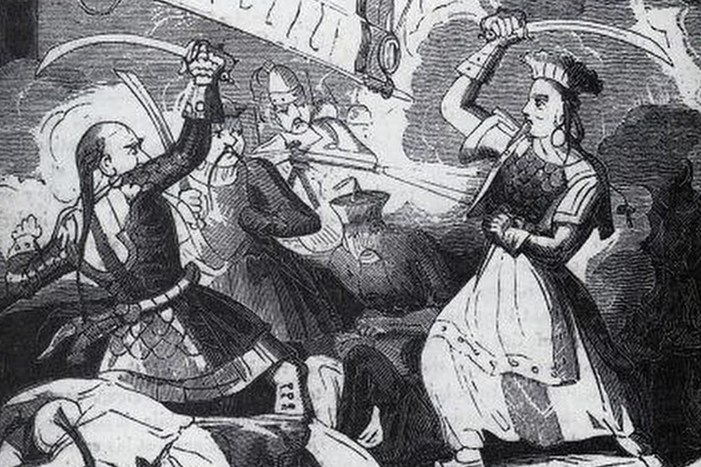 An illustration depicts Ching Shih (right) during a swordfight. Chinese pirate factions were paralysed by infighting in the early 19th century, but Ching and her husband Zheng Yi unified them under a confederation.