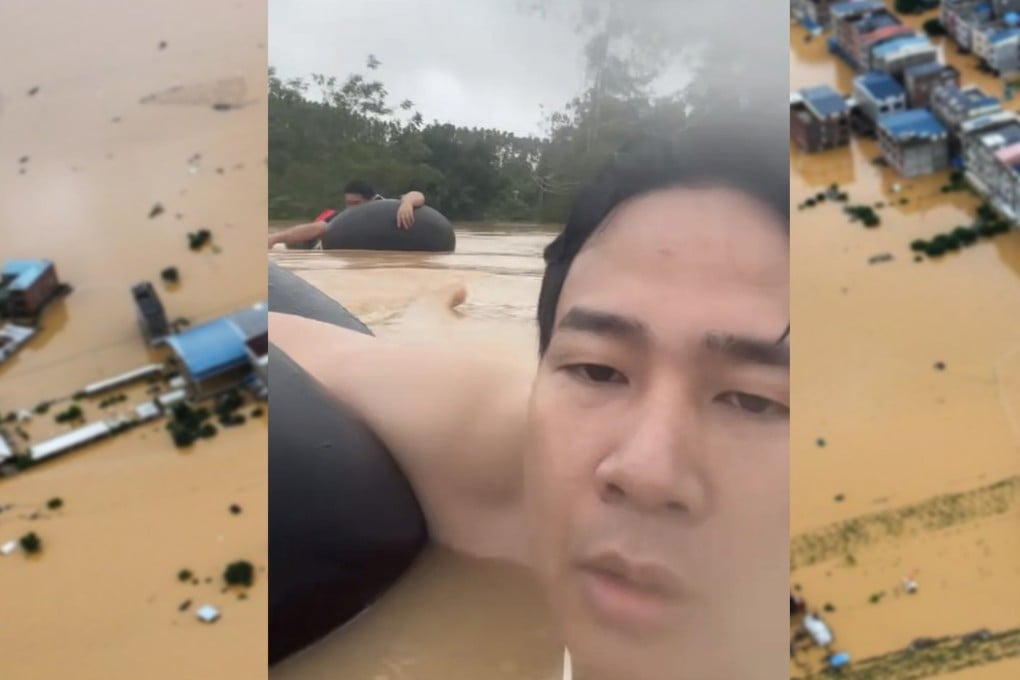 A man in Guangxi, China, braved a three-hour swim using only a tyre to check on his parents during severe village flooding. Photo: SCMP composite/Xinhua/chengdu.cn