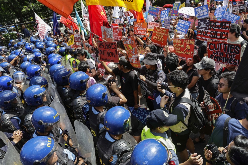 Protesters hold a rally against the US-led Pax Silica  project and defence deals between the US and the Philippines in Manila on July 4. Photo: EPA