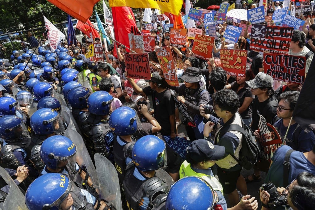 Protesters hold a rally against the US-led Pax Silica project and defence deals between the US and the Philippines in Manila on July 4. Photo: EPA