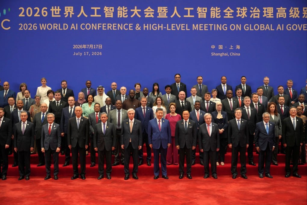 President Xi Jinping joins attendees for a group photo before the opening ceremony of the World AI Conference in China on Friday. Photo: Reuters