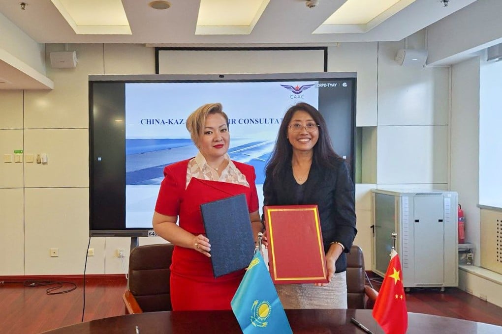 Saltanat Tompieva, the chairwoman of the Kazakh Ministry of Foreign Affairs’ civil aviation committee, and Bai Wenli, a deputy director general of the Civil Aviation Administration of China, held talks in Beijing on Monday. Photo: Handout