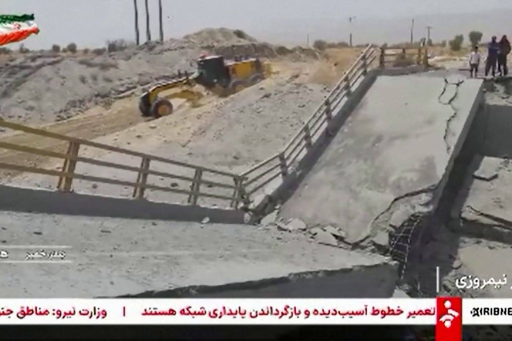 Footage shows what Iranian state TV says is the aftermath of overnight US strikes on two bridges in Bandar Khamir County, near the Strait of Hormuz. Photo: IRINN via AFP
