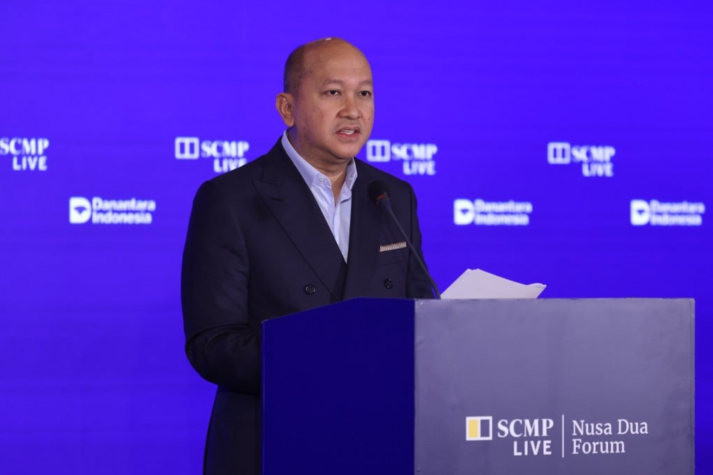 Rosan Roeslani, CEO of Indonesia’s sovereign wealth fund Danantara, delivers a keynote speech at the Nusa Dua Forum in Bali on Friday. Photo: Nora Tam