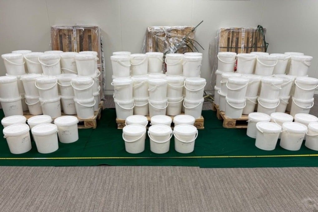 The pails seized by Hong Kong customs earlier this week containing the suspected ketamine. Photo: Handout