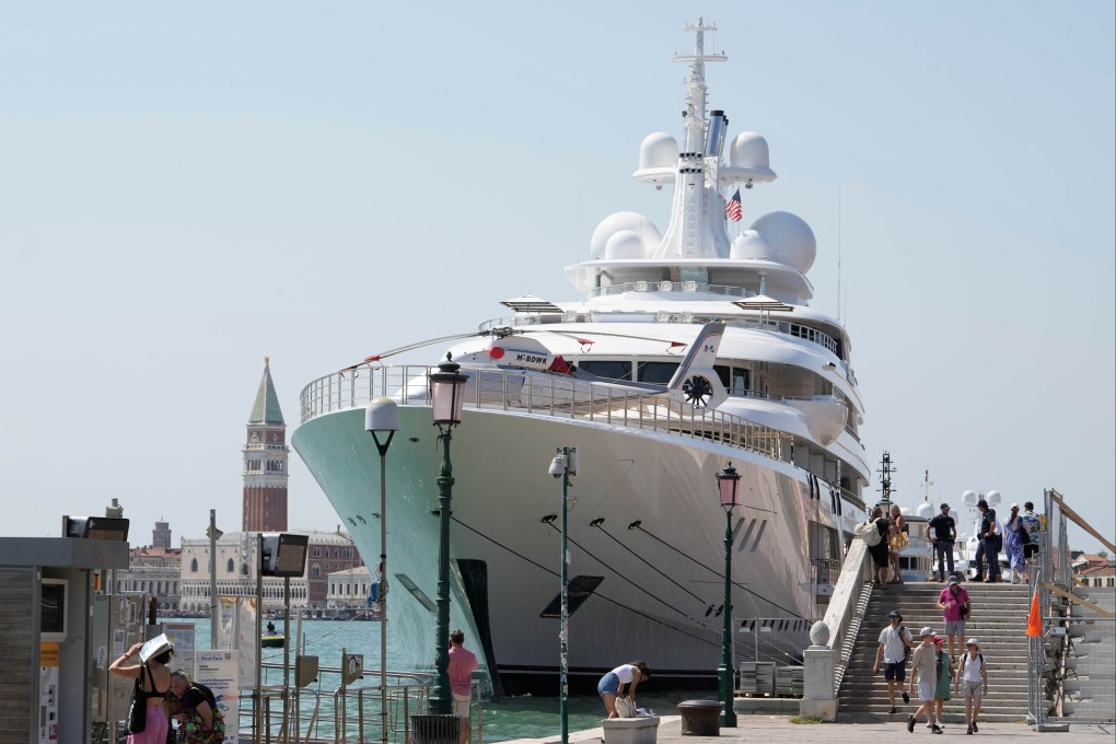 US Ambassador Tilman Fertitta’s superyacht is docked in Venice on Friday. Photo: AP