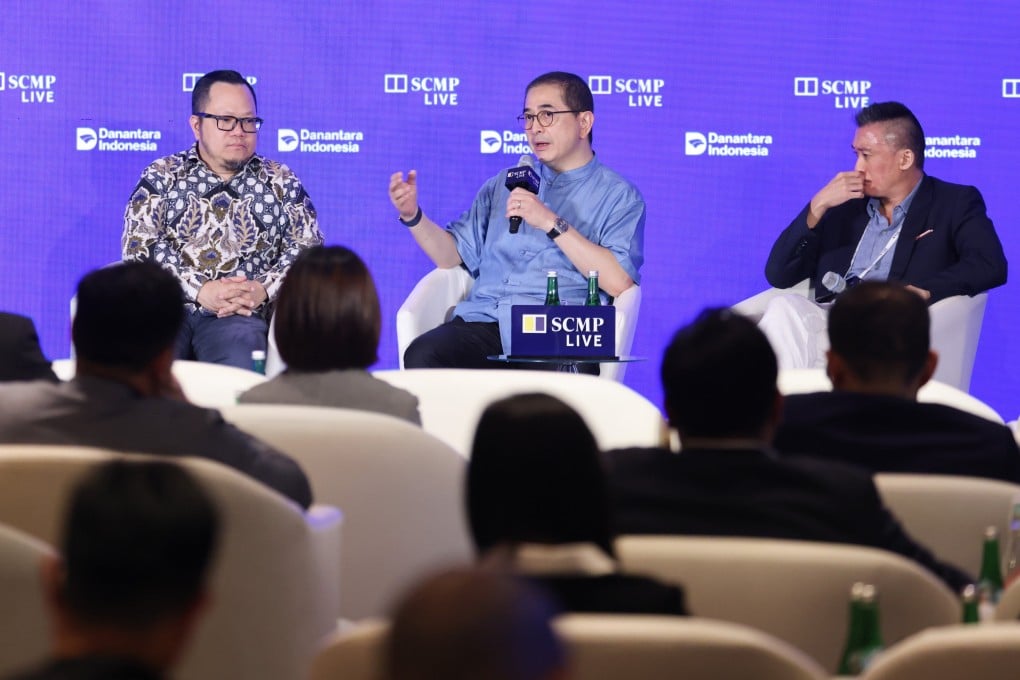 Stefanus Hadiwidjaja (left), managing director of investment at Danantara, Sriwijaya Capital founder Arsjad Rasjid (centre) and Celera director Eric Wong speak during a panel discussion at the Nusa Dua Forum in Bali, Indonesia, on Friday. Photo: Nora Tam