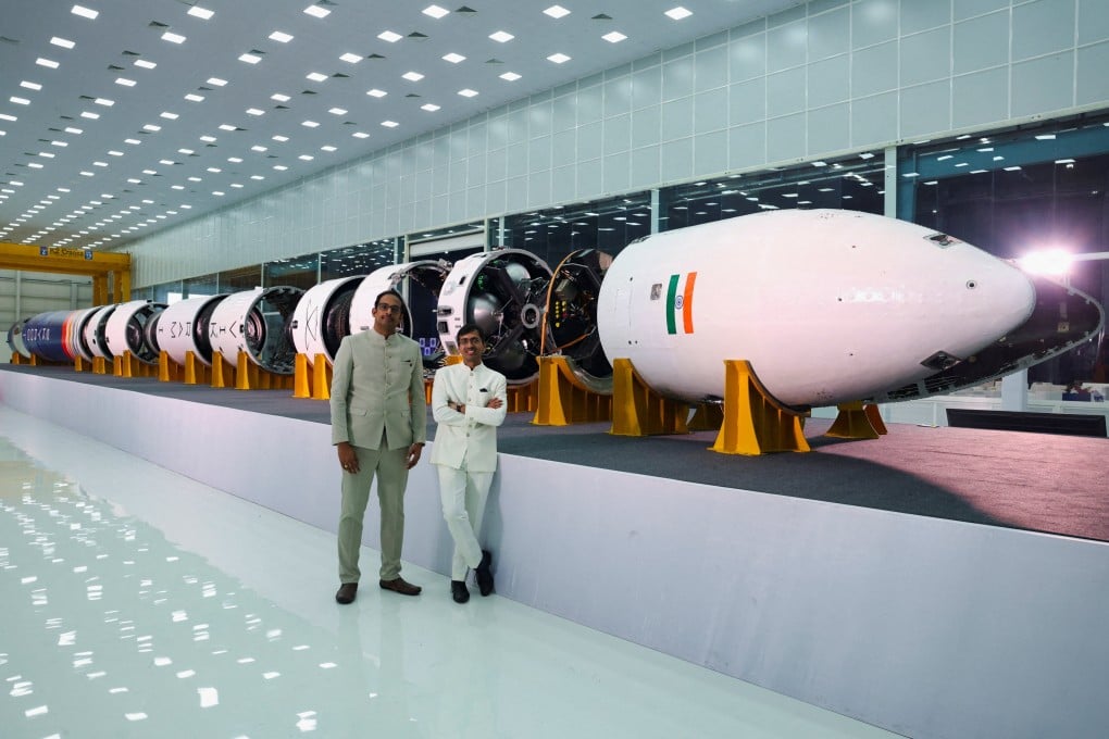 Naga Bharath Daka and Pawan Kumar Chandana, founders of Skyroot Aerospace, pose in front of Vikram-I, India’s first private commercial rocket, at the campus of Skyroot Aerospace during the inauguration ceremony of Infinity Campus, India’s largest private rocket factory, in Hyderabad, India, on November 27 last year. Photo: Reuters