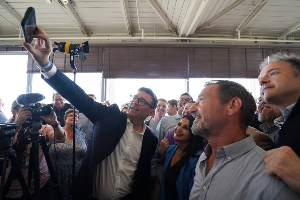 Newly confirmed Labour Party leader Andy Burnham takes a selfie with supporters in Gravesend, England, on Friday. Photo: PA via AP