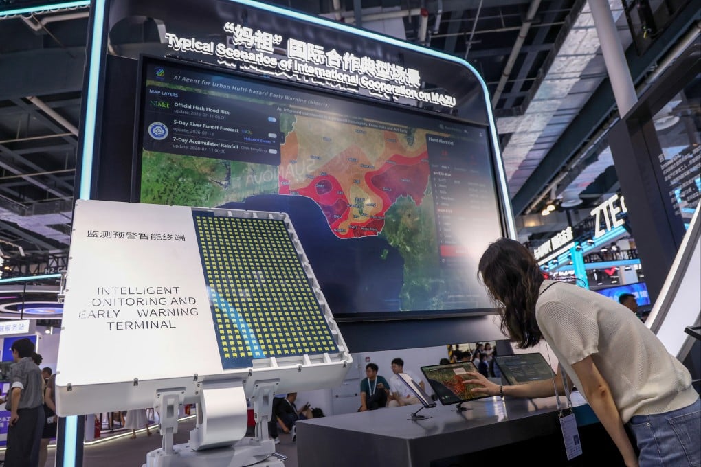 The weather warning system on display at the World AI Conference in Shanghai last week. Photo: Getty Images