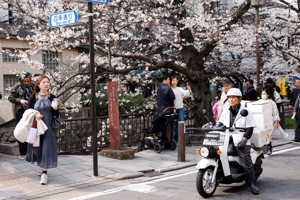 Tourists crowd a street lined with blooming cherry blossom trees in Kyoto, Japan, in March. Photo: Reuters