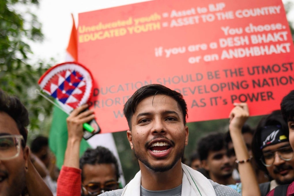 CJP supporters take part in a protest demanding the resignation of India’s Education Minister Dharmendra Pradhan on Monday. Photo: AFP
