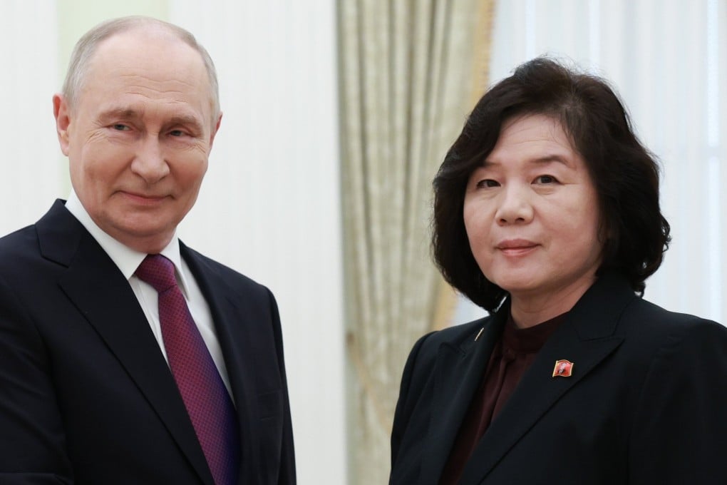 Russian President Vladimir Putin (left) and North Korean Foreign Minister Choe Son-hui shake hands during their meeting in Moscow on Sunday. Photo: Kremlin/Sputnik/EPA