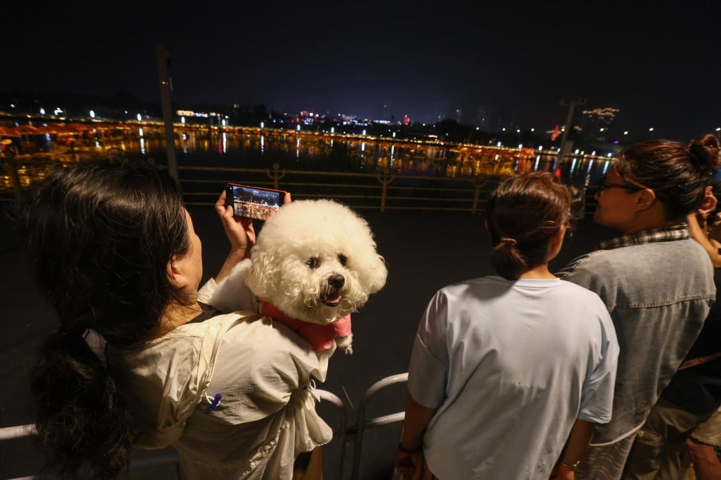 A woman holds her dog as she takes a picture of glowing bamboo rafts during the Dragon Boat Festival in Beijing on June 19. China has made enormous economic and technological progress, yet it still lacks a national law prohibiting cruelty towards all animals. Photo: EPA