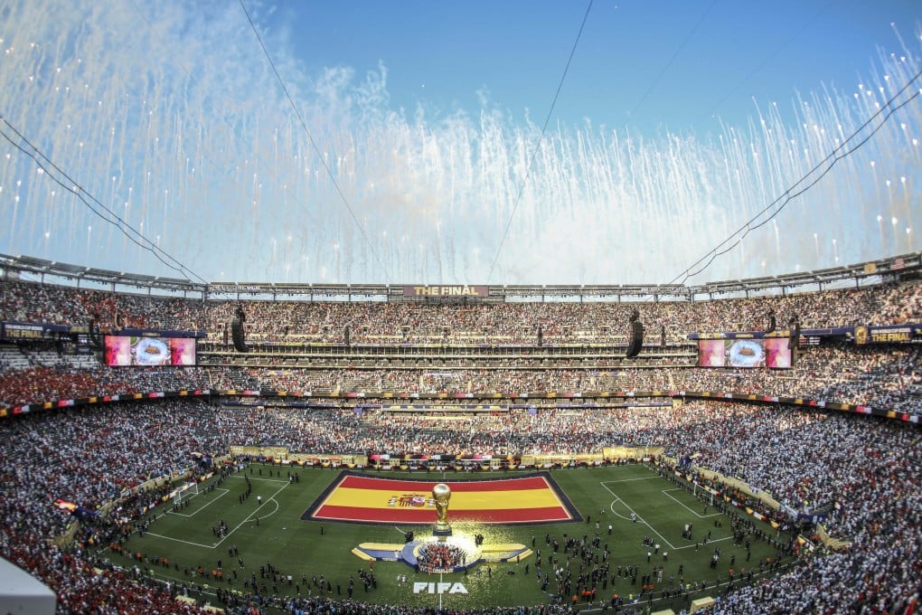 Spain celebrate on the podium during the awards ceremony after they beat Argentina 1-0 on Sunday to win the 2026 Fifa World Cup in New Jersey. Photo: Xinhua