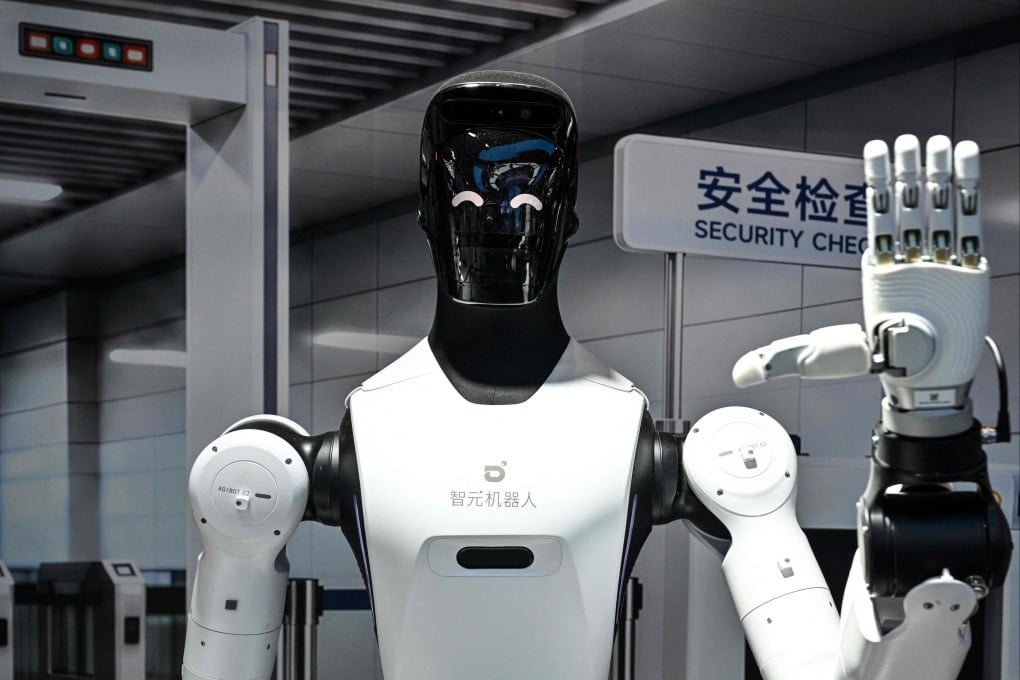 A humanoid robot made by Agibot is pictured during the World Artificial Intelligence Conference in Shanghai on Saturday. Photo: AFP