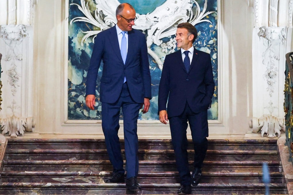 German Chancellor Friedrich Merz and French President Emmanuel Macron arrive for a press conference at Schloss Augustusburg in Bruehl, Germany on July 17. Photo: Reuters