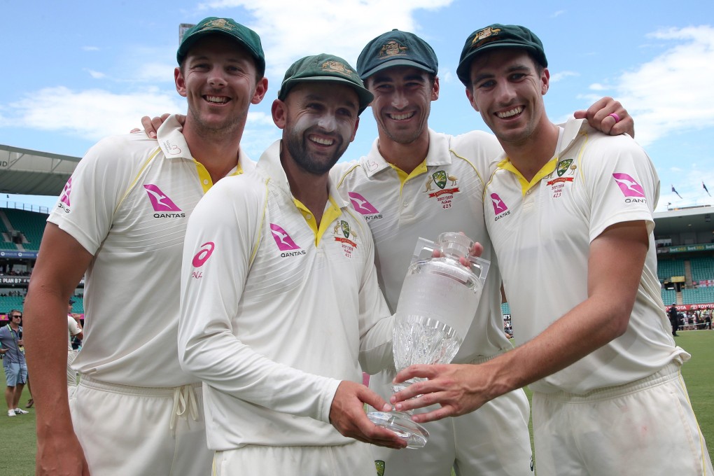 Australian bowlers (from left) Josh Hazlewood, Nathan Lyon, Mitchell Starc and Pat Cummins, here holding the Ashes trophy after their 2018 win, have all been selected to face Bangladesh. Photo: AP