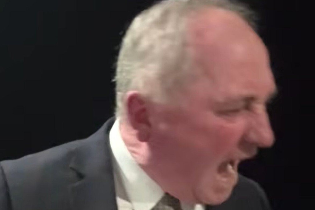 Barnaby Joyce yells at his dog while being interviewed on ABC on Monday night. Photo: ABC