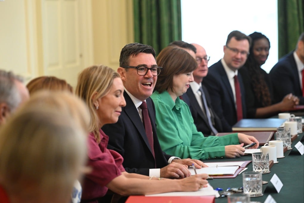 Britain’s Prime Minister Andy Burnham (middle) attends his first cabinet meeting as prime minister at 10 Downing Street, London on Tuesday. Photo: via AP