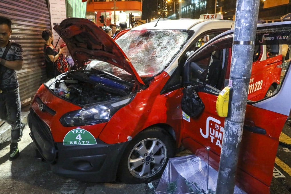 The taxi mounted a pavement and struck Park Hoi-lam during an anti-government protest in Sham Shui Po on October 6, 2019. Photo:  K.Y. Cheng