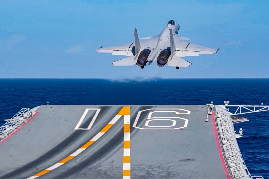 A fighter jet takes off from China’s Liaoning aircraft carrier during a mission in the South China Sea and the western Pacific Ocean that concluded on June 22. Photo: CCTV
