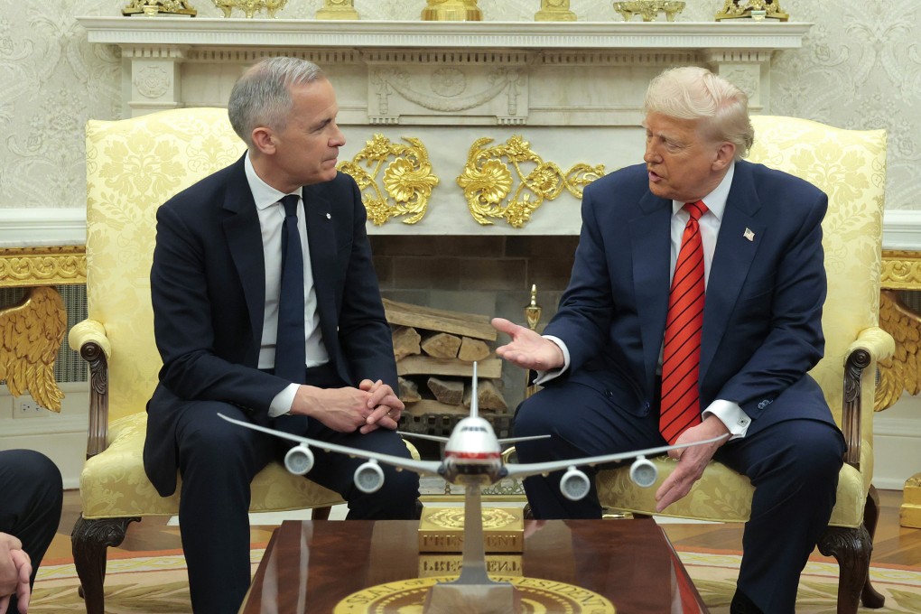US President Donald Trump, right, and Canadian Prime Minister Mark Carney in the Oval Office at the White House in Washington. Photo: Getty Images / TNS