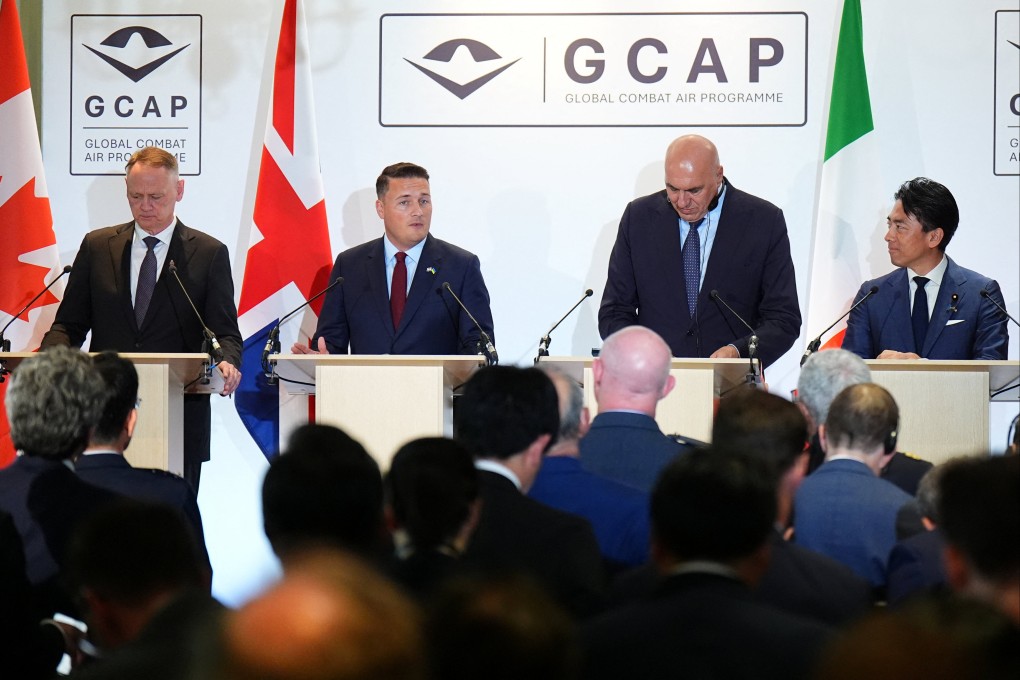 Defence ministers (fromleft) David McGuinty (Canada), Wes Streeting (Britain), Guido Crosetto (Italy) and Shinjiro Koizumi (Japan) discuss the Global Combat Air Programme at Wellington Barracks in London on Tuesday. Photo: Reuters