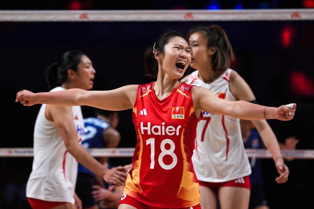 China’s Wang Mengjie celebrates a score against the United States in the quarter-finals of the Women’s Volleyball Nations League Finals in Macau. Photo: Getty Images