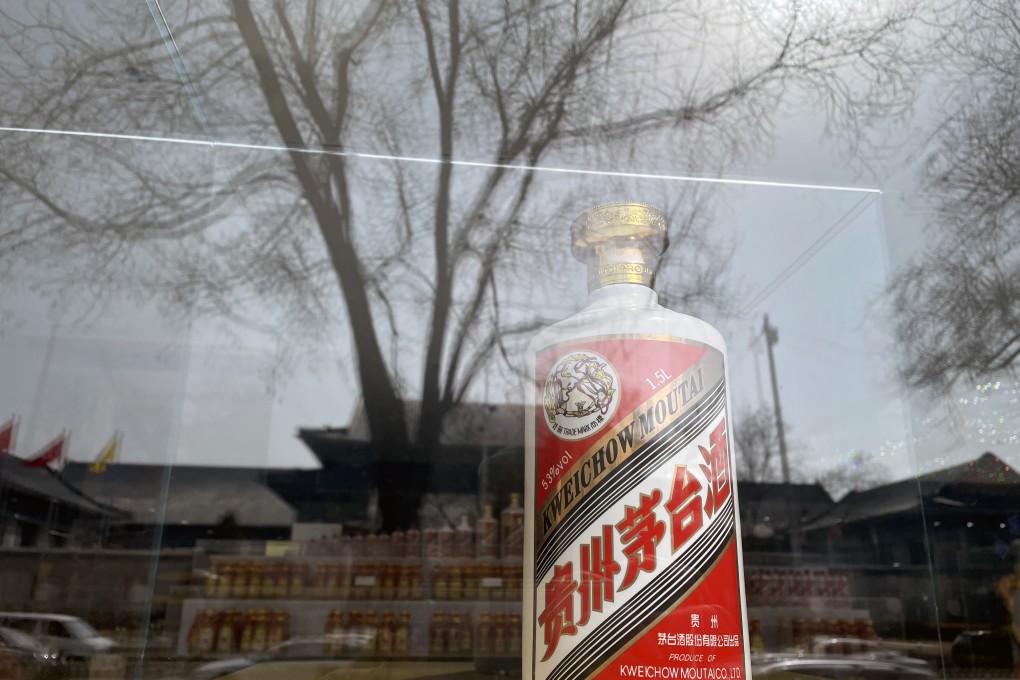 A bottle of Mao-tai, a variety of baijiu, is displayed in the window of a shop in Beijing on March 15, 2022. Photo: Simon Song