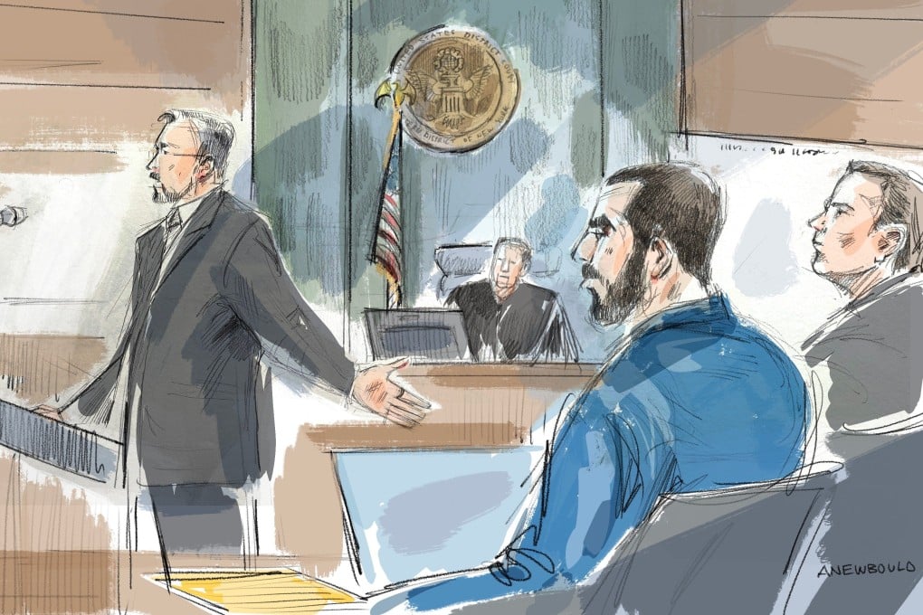 Assistant US Attorney Timothy Lynch gestures toward defendant Hadi Matar during opening remarks in Matar’s terrorism trial in Buffalo, New York, on Wednesday. Courtroom sketch: Alexandra Newbould via AP