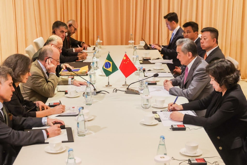 Brazilian Foreign Minister Mauro Vieira (centre, left) and Chinese Foreign Minister Wang Yi (centre, right) meet on the sidelines of the Asean foreign ministers' meeting in Manila, the Philippines, on Thursday. Photo: Xinhua