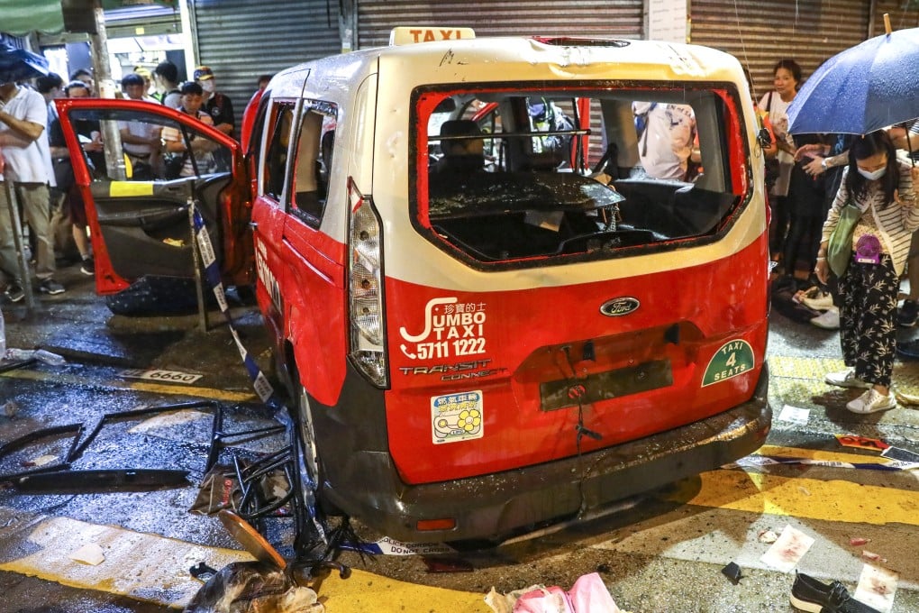The taxi mounted a pavement and struck Park Hoi-lam during an anti-government protest in Sham Shui Po on October 6, 2019. Photo: K.Y. Cheng