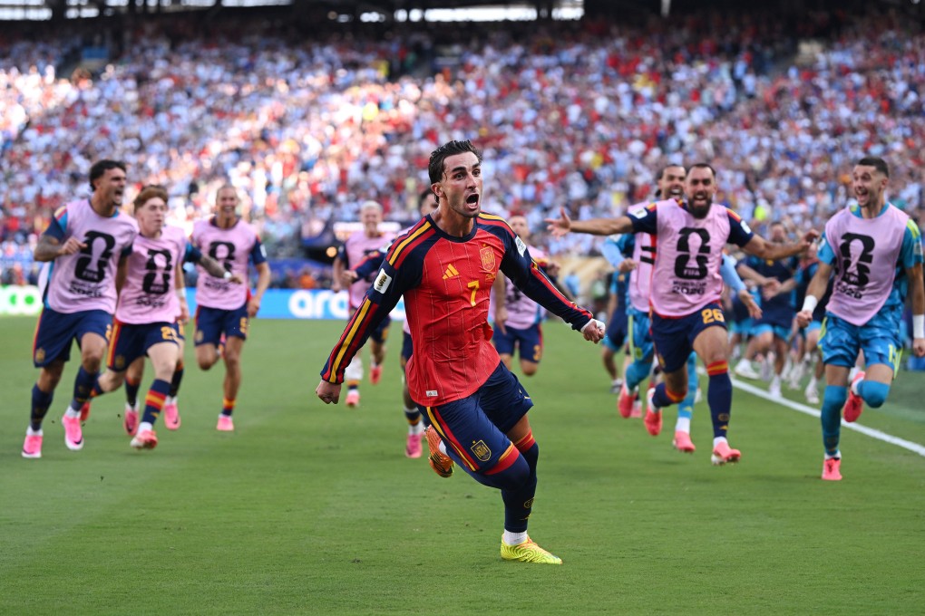 Ferran Torres (centre) celebrates scoring Spain’s winning goal during the World Cup final against Argentina. Photo: Getty Images
