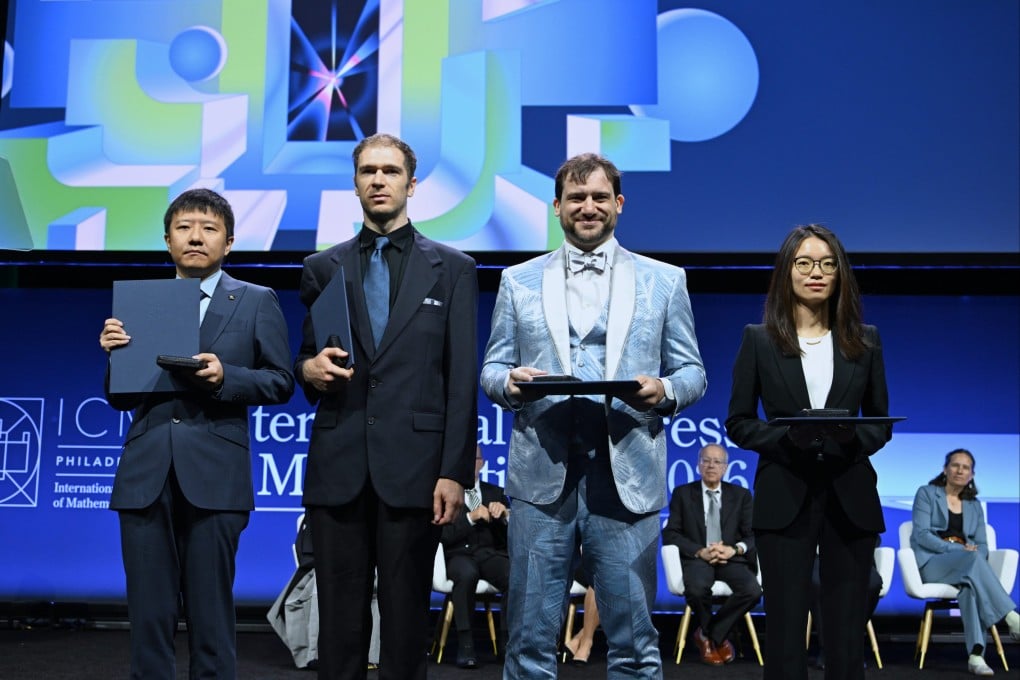 Deng Yu (far left) and Wang Hong (far right) were awarded the Fields Medals on Thursday, marking the first time Chinese mathematicians have won the honour. The other recipients for 2026 are American John Pardon (second left) and Canada’s Jacob Tsimerman. Photo: Xinhua