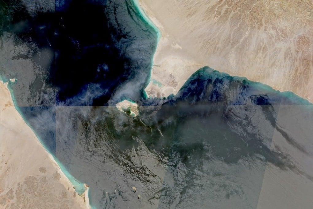 A satellite image shows the Bab al-Mandab Strait, a key shipping waterway and the gateway to the Red Sea. Image: Nasa Worldview via Reuters
