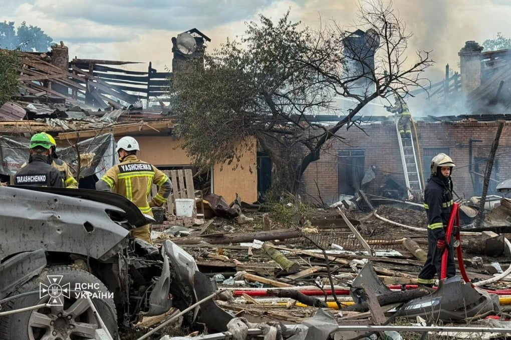 The site of a Russian missile strike in the Kyiv region of Ukraine on Friday. Photo: Ukrainian Emergency Services via AP
