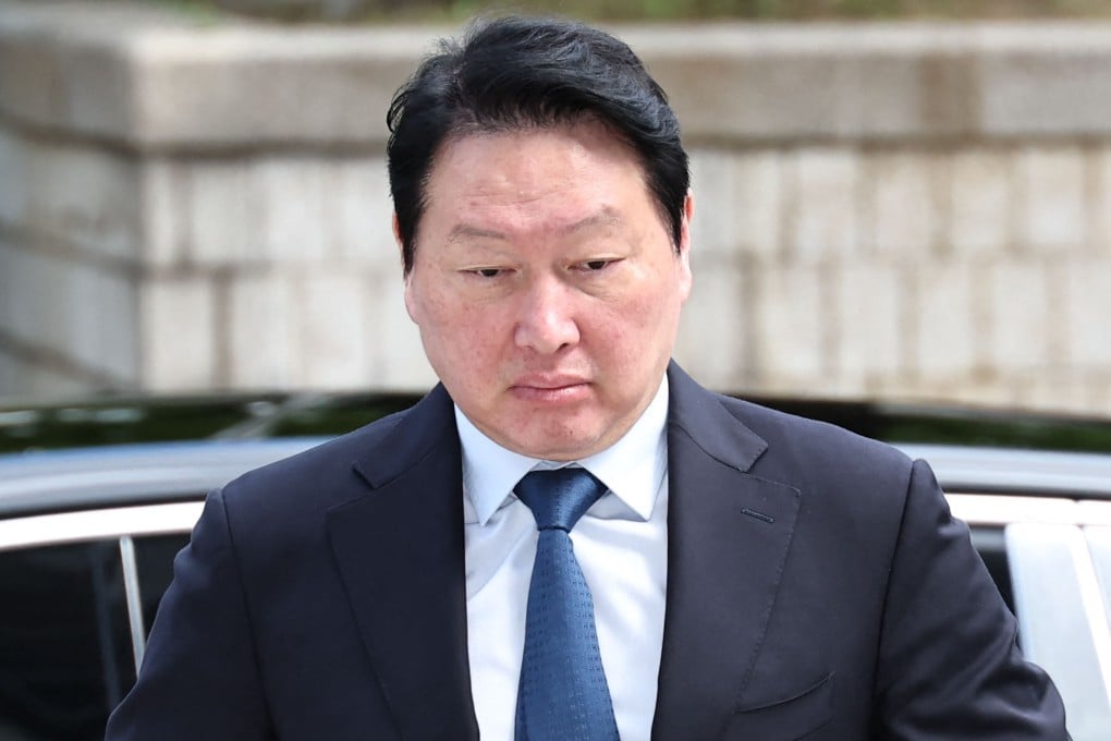 SK Group Chairman Chey Tae-won attends a retrial regarding the division of assets with his former wife, Roh Soh-yeong, on June 26. Photo: Yonhap/AFP