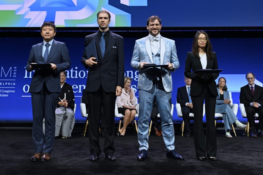 Fields Medallists (from left) Deng Yu, John Pardon, Jacob Tsimerman and Wang Hong pose for a group photograph at the opening ceremony of the International Congress of Mathematicians in Philadelphia on July 23, 2026. Photo: Xinhua