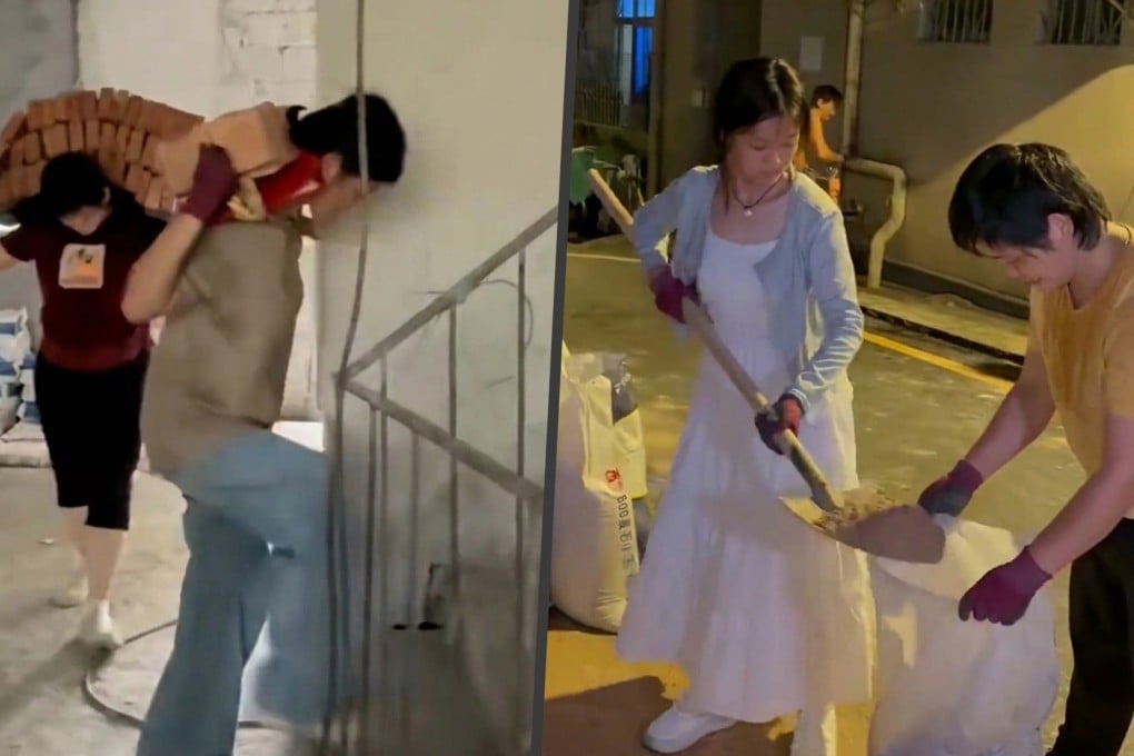 While her peers travelled after the gaokao, a graduate from Hunan chose to help her mother carry bricks at a construction site to save for university. Photo: SCMP composite/Douyin