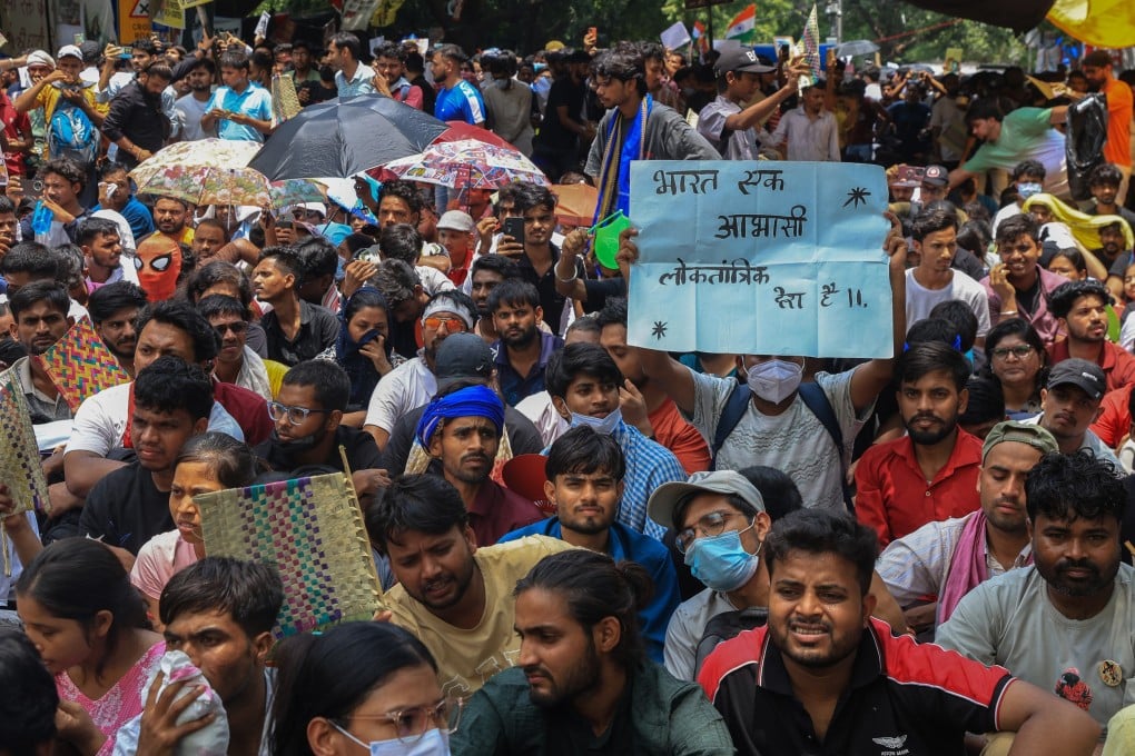 Supporters of the youth-led satirical political movement CJP take part in a demonstration at the Jantar Mantar protest site in New Delhi on Saturday. Photo: EPA