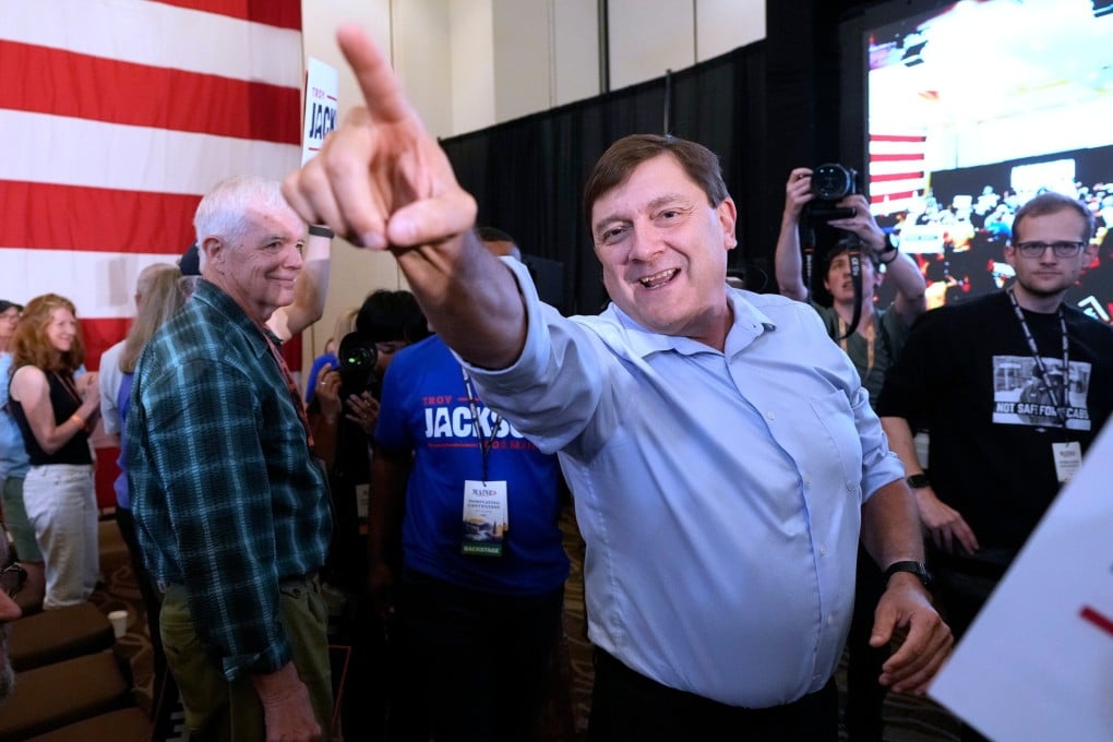 Troy Jackson, Democratic candidate for US Senate, acknowledges supporters at the Maine Democratic Nominating Convention in Bangor on Saturday. Photo: AP