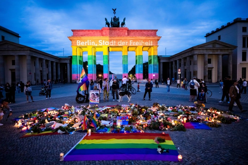 Brandenburg Gate is illuminated in rainbow colours on Sunday, displaying the words “Berlin, City of Freedom”. Photo: dpa