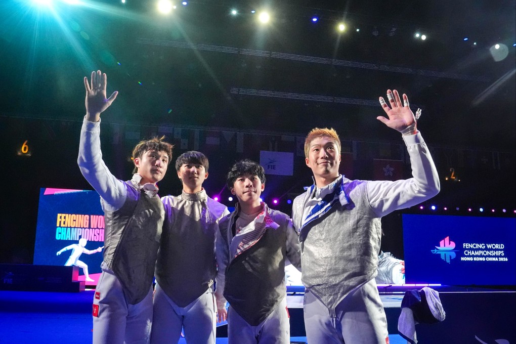 Hong Kong’s men (from left) Ryan Choi, Leung Chin-yu, Harris Ho and Cheung Ka-long acknowledge their supporters after winning silver. Photo: Elson Li