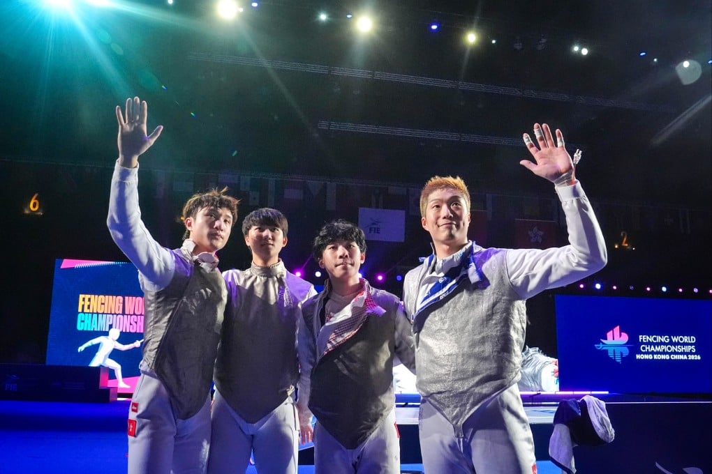 Hong Kong’s men (from left) Ryan Choi, Leung Chin-yu, Harris Ho and Cheung Ka-long acknowledge their supporters after winning silver. Photo: Elson Li