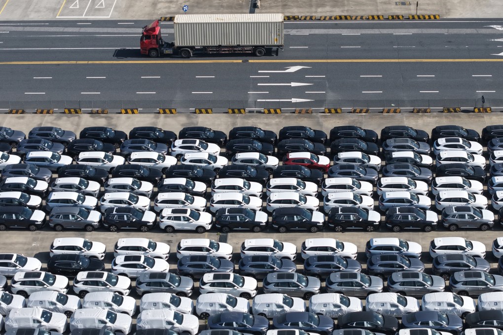An aerial view of new cars prior to export to overseas markets in Shanghai on March 10. Photo: AP