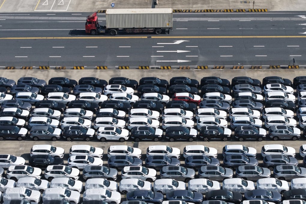 An aerial view of new cars prior to export to overseas markets in Shanghai on March 10. Photo: AP
