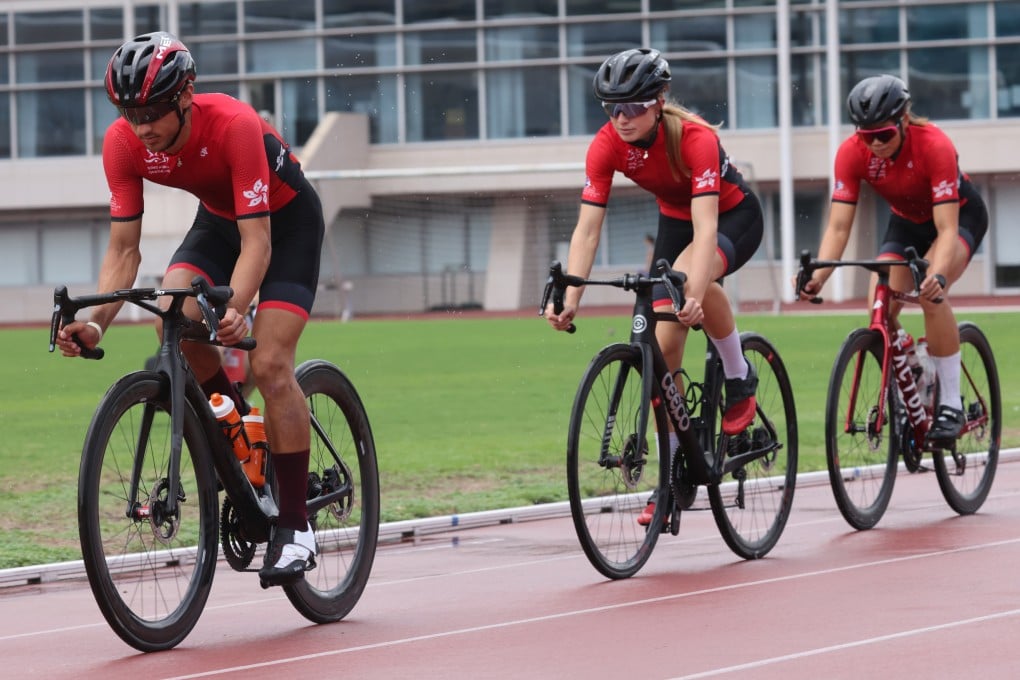 Hong Kong triathletes (from left) Jason Ng Tai-long, Bailee Brown and Hilda Choi Yan-yin train at the Hong Kong Sports Institute on August 21, 2023. Photo: Yik Yeung-man