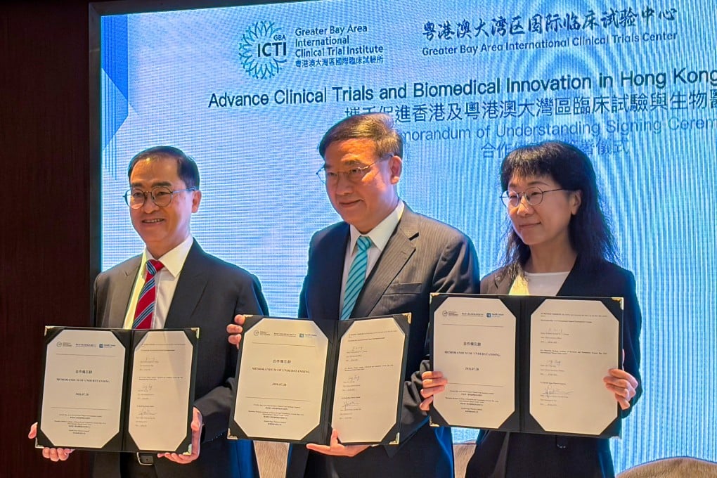 (From left) The GBAICTI's Bernard Cheung, Health Hope Pharma's Dennis Lam and Ling Tang from the Shenzhen clinical trials centre display the memorandum of understanding. Photo: Emily Hung