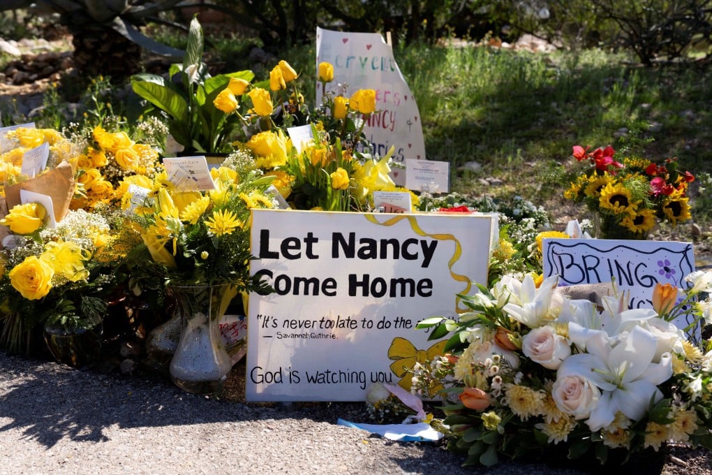 A sign outside the house of Nancy Guthrie, who went missing on February 1 in Tucson, Arizona. On Monday, her daughter Savannah Guthrie made a fresh appeal to her mother’s kidnapper’s. Photo: Reuters